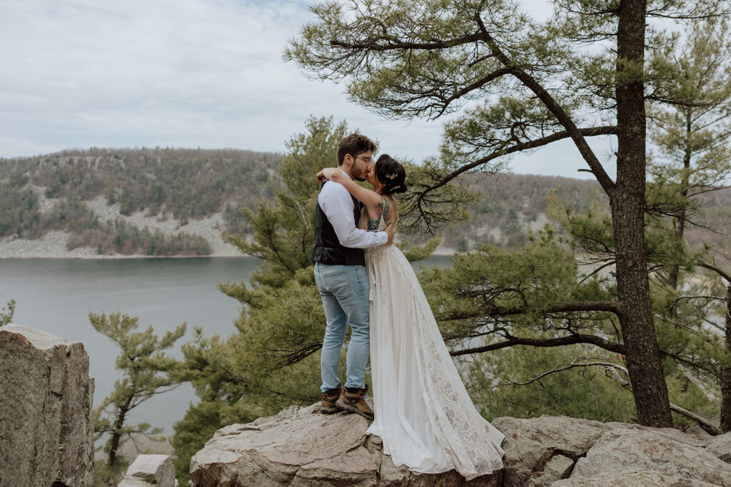Couple eloping on an overlook at Devil's Lake in WI